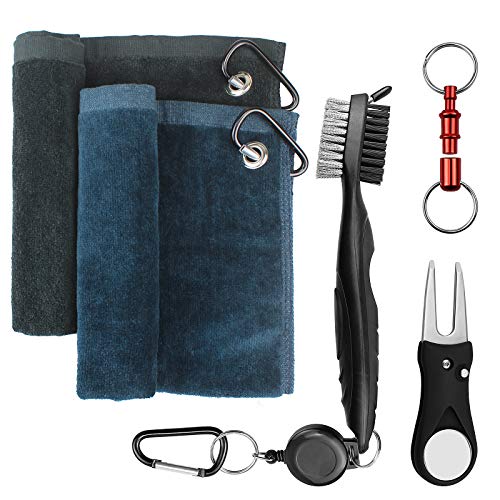 Yotako 2 Pack de toallas de golf de microfibra para bolsas de golf con clip, cepillo limpiador de ranuras, herramienta de reparación de divot de golf con marcador