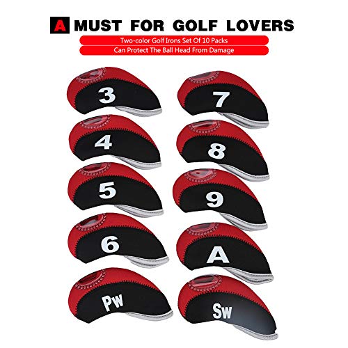 Dioche Cubiertas para la Cabeza del Club de Golf, 10 Piezas Impermeables Cubiertas para la Cabeza de Hierro para el Club de Golf Putter Set Protector Funda Accesorio de Golf(Negro y Rojo)
